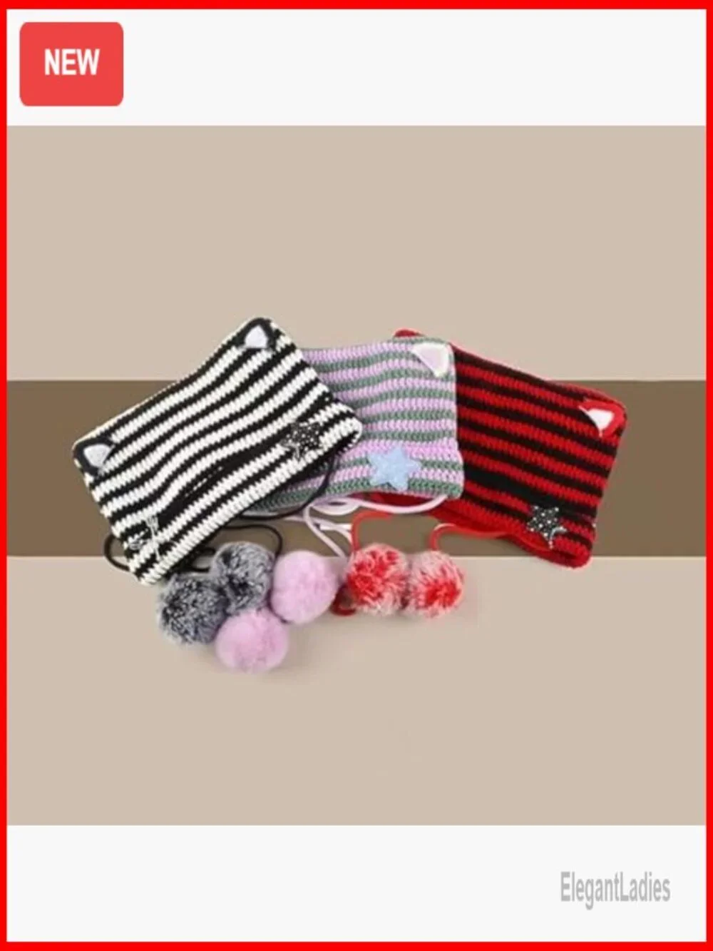 Y2K Crochet Beanie Cat Ear Star Grunge Aesthetic Pompoms Cute Kawaii Hat